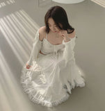 Lovely Lace Ribbon Punching Sleeveless Cardigan Set