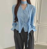 Waist Strap Neck Tie Balloon Puff Blouse