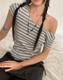 Anzo Stripe Off-Shoulder Short Sleeve T-Shirt