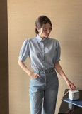 Two Pin Stripe Puff Short Sleeve Shirt Blouse
