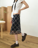 Atin Check Chiffon Lace Ribbon Midi Skirt