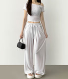 One Off-Shoulder T-shirt Two Pin Tuck Maxi Wide Pants Two Piece Set