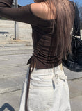 Denk Shirring Eyelet Crop Lip Neck T-shirt