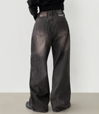 Side Tape Cut Line Brushed Balloon Wide Denim Pants