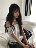Bulk lace one-off strap short sleeve T-shirt