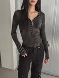 Odd Snap Deep V-Neck Stripe Long Sleeve