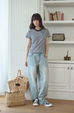 Falling Cat Stripe Crop Short Sleeve Tee