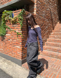 Lemming Stripe Big Pocket Snap Button Denim Wide Long Pants