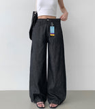 Non-Fade Summer Cooling Banding Folding Cut Hem Snap Wide Denim Pants