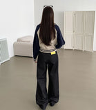 Raw autumn non-fade banding casual wide denim pants