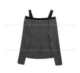 Signal Button Stripe Off-Shoulder Long Sleeve