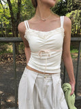 Conma Lace Shirred Ribbon Ribbed Sleeveless