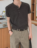 Rib shawl patch henley neck short sleeve t-shirt