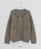 Sokin Stripe Hood Knit Zip-Up Cardigan