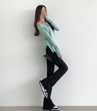 Boat Neck Off-Shoulder Knit Long Sleeve Slit Slim Fit T-Shirt