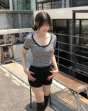 Tiny Stripe U-neck Elbow Length T-shirt