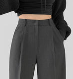 Clip Rayon Blend Span Pin Tuck Wide Slacks Pants