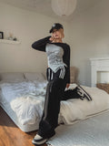 Butterful Lettering Unbalanced Off-Shoulder Long Sleeve