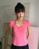 Code Beads Ribbon Shirring Puff Short Sleeve T-Shirt