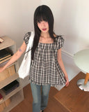 Onnit Check Square Neck Mini Short Sleeve Blouse