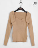 RB Bolero Slit Ribbed Wave Square Heart Neck Long Sleeve Knit