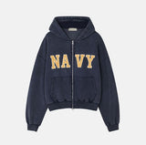 Navy Lettering Brushed Washing Hood Zip-Up