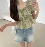 Summer Ribbon Puff Balloon Short Sleeve Flare Blouse