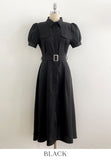 Kazz Shirt Collar Puff Sleeve Long One Piece (Belt Set)