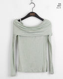 Twill Ribbon Strap Off-Shoulder Slit Cropped Long Sleeve T-Shirt