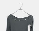 Yushi Stud Strap Unbalanced One Off Shoulder Long Sleeve T-Shirt
