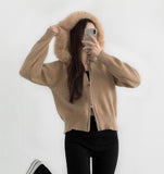 Two-Way Fur Hood Slim Fit Knit Zip-Up