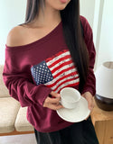Murhit American Flag Printing One-Off Shoulder Long Sleeve Sweatshirt