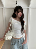 Zant Ribbon Knot Off-Shoulder Shirring T-Shirt