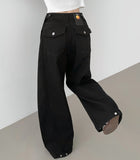 2way Cotton Snap Button Folding Waist Adjustment Mega Wide Fit Cotton Pants