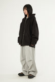 Unbalance rib banding fleece hood zip-up