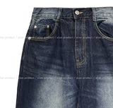 (UNISEX) Navy Cheek Washing Wide Denim