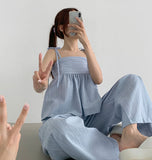 Striped flare string sleeveless wide banding pants two-piece