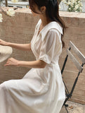 Vientiane Collar Wrap Puff Short Sleeve Flare One Piece