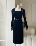 Mamon Velvet Square H Line One Piece (Belt Set)