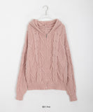 Leim wool cable knit hood zip-up cardigan
