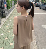 Linen Sleeveless Banding Long Wide Two-Piece Set Vacation Look Summer Outfit