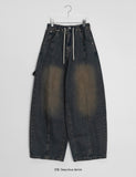 [unisex] Kotei banding string washing balloon wide denim pants