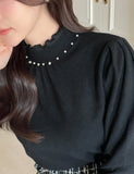 Genuine Pearl Slit Frill Turtleneck Knit