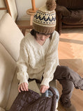 Length cable V-neck loose fit long long sleeve knit