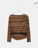 [Belt SET] Bomin Off-Shoulder Shirring Stripe Long Sleeve T-Shirt