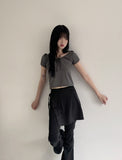 Kelle Ribbon Shirring Mesh Air Puff Crop Short Sleeve T-shirt