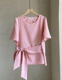 Eju Round Ribbon Strap Short Sleeve Blouse