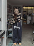 lettering denim wide banding pants
