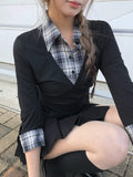 Padin Fake Layered Check Shirt Slim Ribbon T-shirt