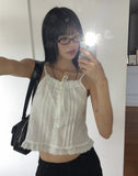 Hiyu pintuck frill lace ribbon strap sleeveless blouse